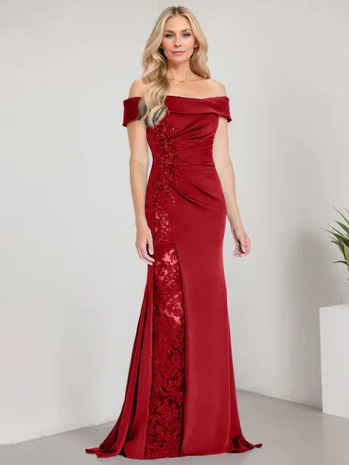 A-Line Off-the-Shoulder Floor-Length Mother of the Bride Dress with Appliqué Beadings and Mermaid Silhouette Featuring a High Split