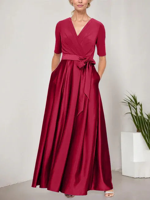 Surplice Neckline Ballgown with Full Satin Skirt and Jersey Bodice