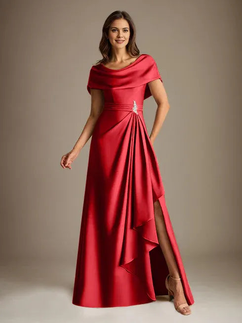A-Line Scoop Neck Floor-Length Stretch Satin Mother of the Bride Dress with Cascading Ruffles