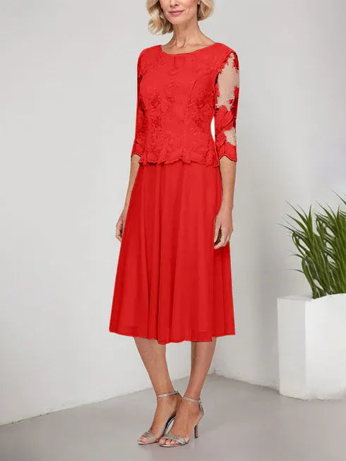 A-Line Scoop Neck Tea-Length Lace Chiffon Mother of the Bride Dress with Embroidery