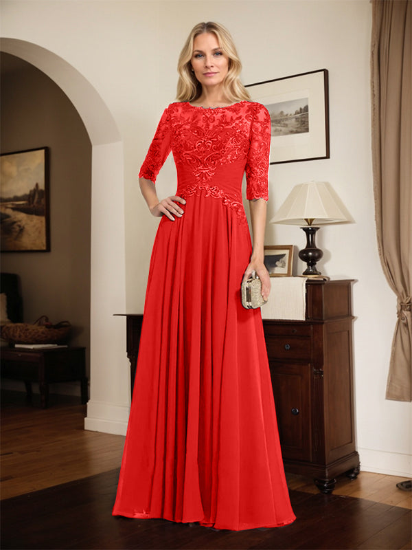 A-Line Scoop Neck Illusion Floor-Length Chiffon and Lace Mother of the Bride Dress with Pleated Sequins