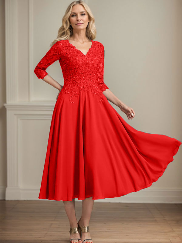 A-Line V-Neck Tea-Length Chiffon and Lace Mother of the Bride Dress with Beading and Sequins