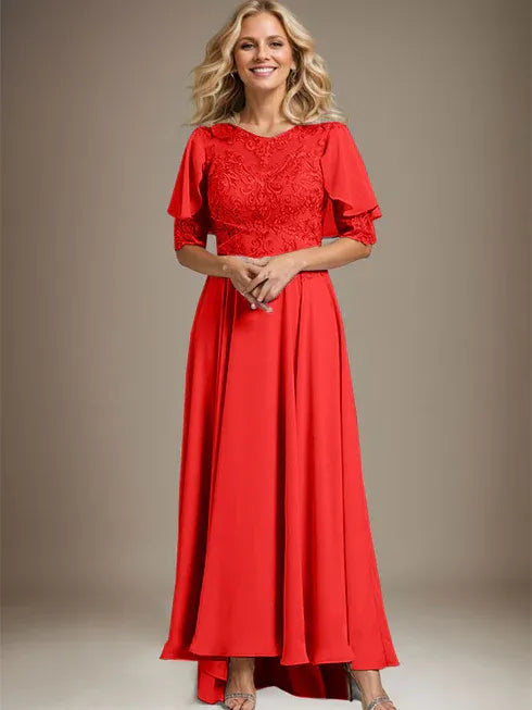 A-Line Scoop Neck Illusion Asymmetrical Chiffon and Lace Mother of the Bride Dress with Beading