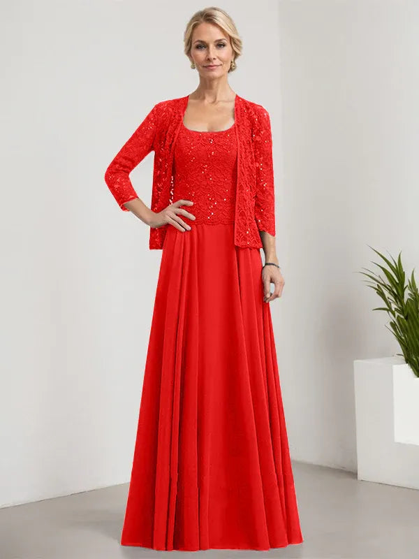 A-Line Square Neck Floor-Length Lace and Chiffon Mother of the Bride Dress with Sequins