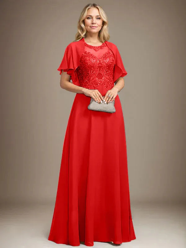 A-Line Scoop Neck Illusion Floor-Length Lace Chiffon Mother of the Bride Dress with Sequins