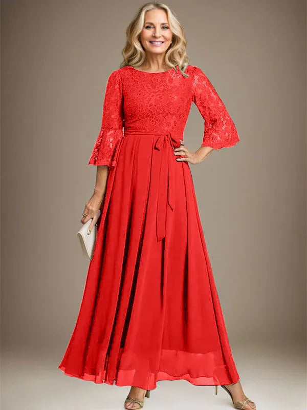 A-Line Scoop Neck Ankle-Length Lace Chiffon Mother of the Bride Dress with Bow