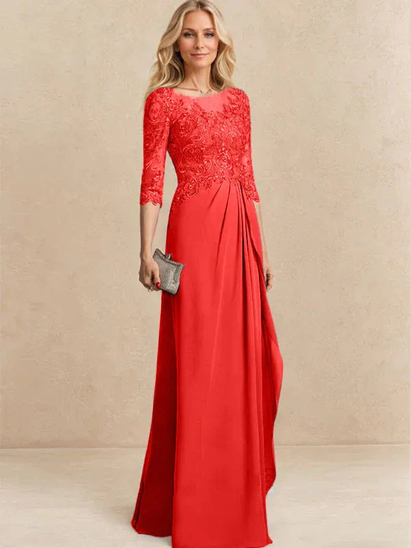 A-Line Scoop Illusion Floor-Length Chiffon and Lace Mother of the Bride Dress with Beading, Sequins, and Cascading Ruffles