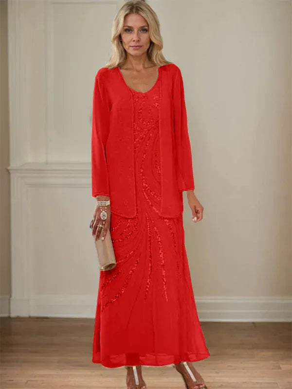 V-Neck Sheath/Mother of the Bride Ankle-Length Dress with Jacket & Sequins