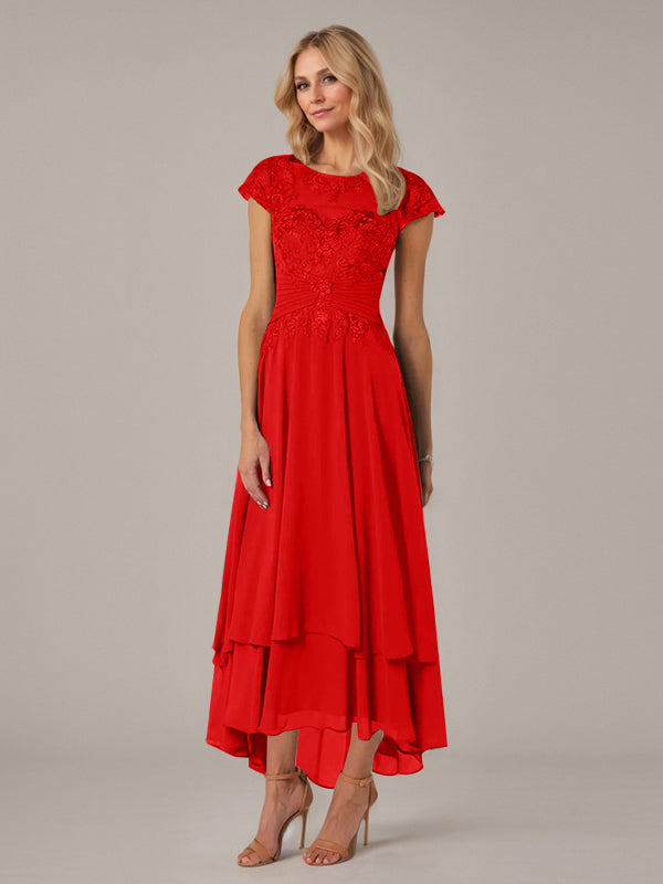 A-Line Boat Neck Illusion Asymmetrical Chiffon Lace Mother of the Bride Dress with Applique and Pleats