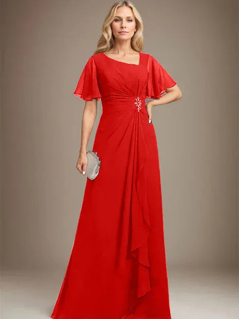 A-Line Asymmetrical Floor-Length Chiffon Mother of the Bride Dress with Pleated Beading and Sequins
