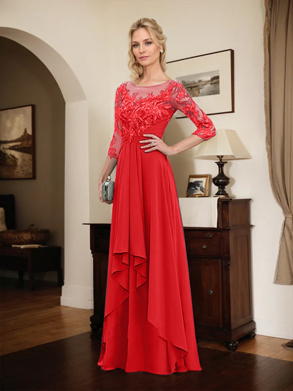 A-Line Scoop Neck Illusion Floor-Length Lace Chiffon Mother of the Bride Dress with Cascading Ruffles