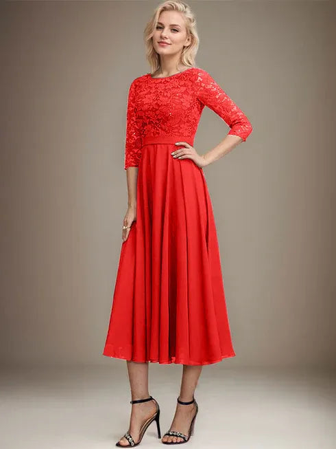 A-Line Scoop Neck Tea-Length Lace Chiffon Mother of the Bride Dress with Sequins