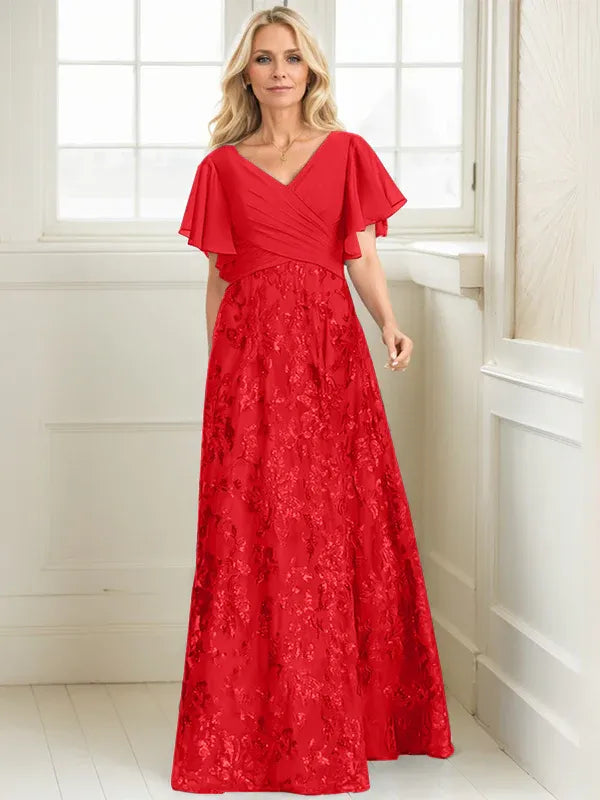 A-Line V-Neck Floor-Length Lace and Sequin Chiffon Mother of the Bride Dress with Pleats