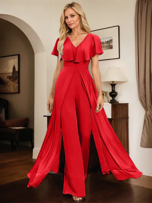 Jumpsuit/Pantsuit V-Neck Floor-Length Chiffon Evening Dress