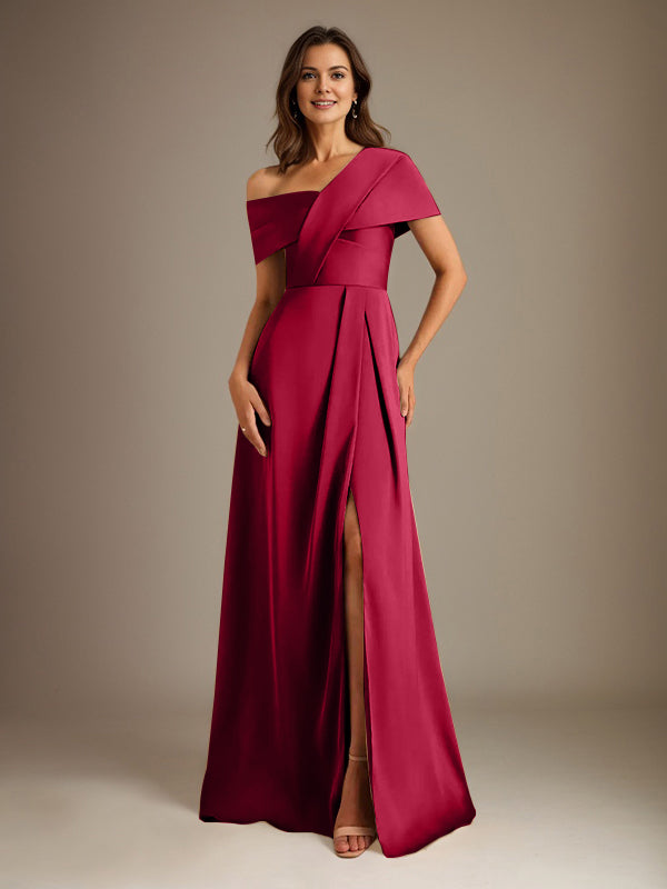 A-Line Satin Mother of the Bride Dress with Asymmetrical Neckline, Floor-Length, and Pleated Design