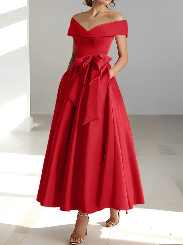 A-Line Off-the-Shoulder Sleeveless Ankle-Length Mother of the Bride Dress with Pockets