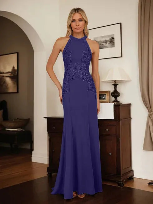 Dusty Blue Sheath Halter Mother of the Bride Dress with Appliqué Details