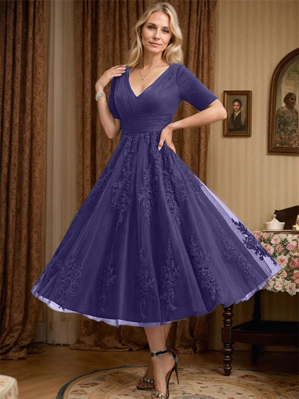 A-Line V-Neck Tea-Length Tulle Lace Mother of the Bride Dress with Pleats