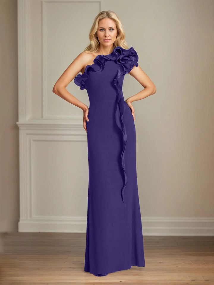 Navy Stretch Crepe One-Shoulder Sheath Dress with Ruffles – Floor-Length Mother of the Bride Gown