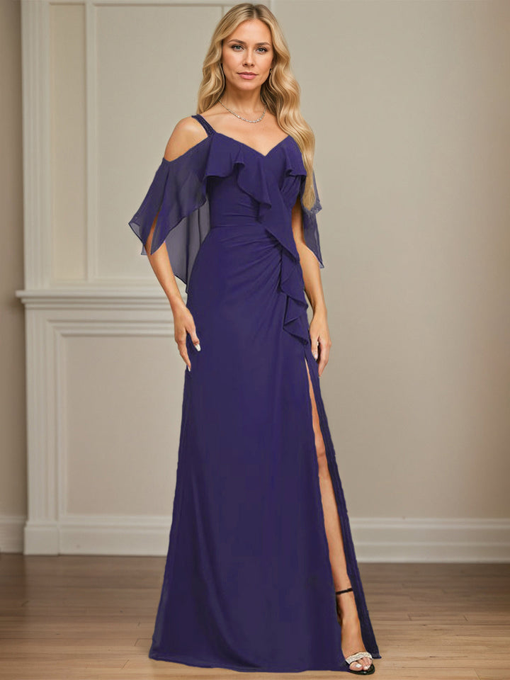 Sheath/Column Cold Shoulder V-Neck Floor-Length Chiffon Dress with Cascading Ruffles, Sequins, and Beading