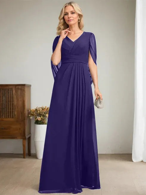 Dark Navy A-Line V-Neck Long Mother of the Bride Dress