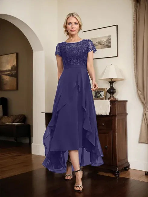 A-Line Scoop Neck Illusion Asymmetrical Chiffon Lace Mother of the Bride Dress with Bow, Ruffle, and Sequins