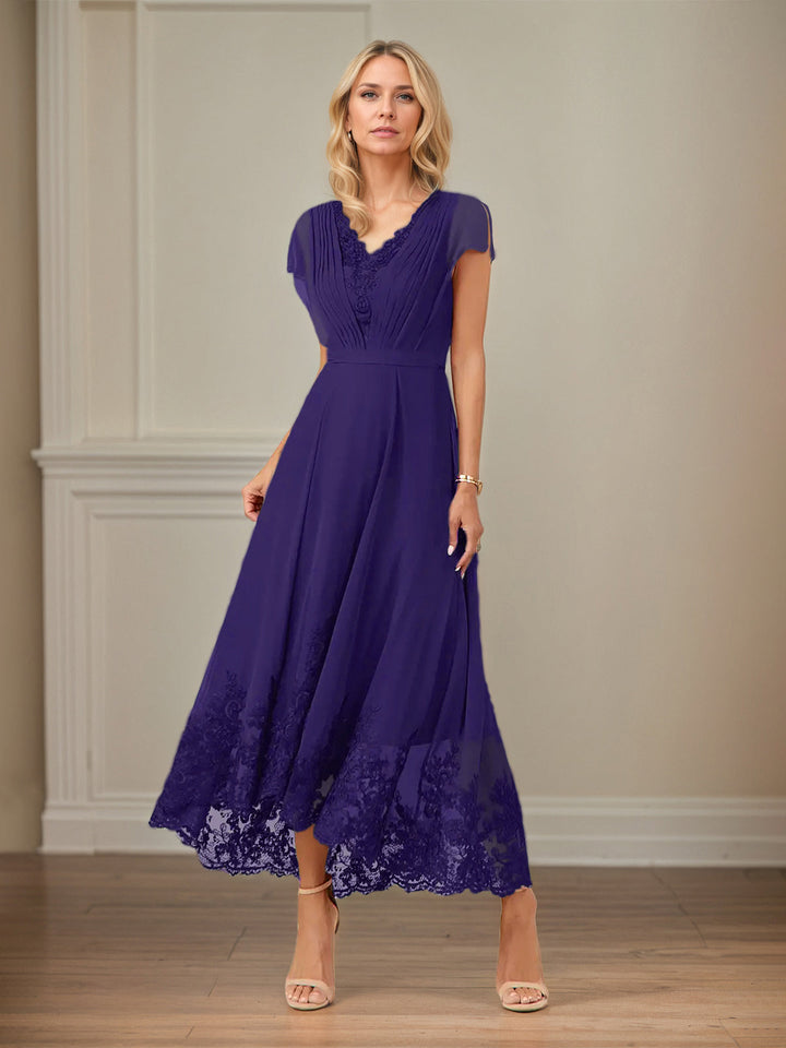 A-Line V-Neck Flutter Sleeve Chiffon Dress with Appliques and Ankle Length