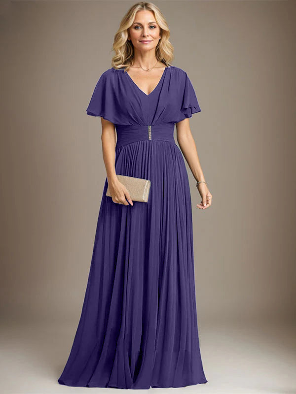 A-Line V-Neck Floor-Length Chiffon Mother of the Bride Dress with Crystal Brooch and Pleated Design
