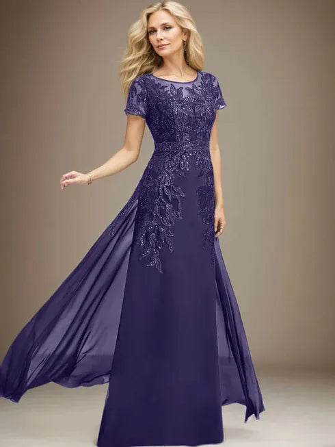Floor-Length Lace Chiffon Mother of the Bride Dress with Sheath/Column Scoop Illusion and Sequins