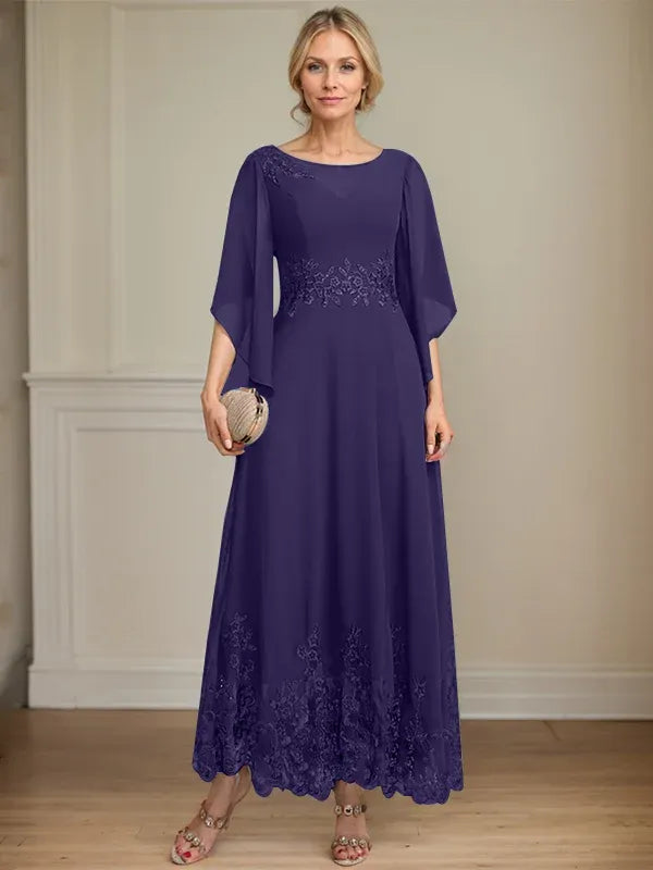 A-Line Scoop Neck Illusion Lace Chiffon Mother of the Bride Dress with Sequins and Ankle-Length Hem