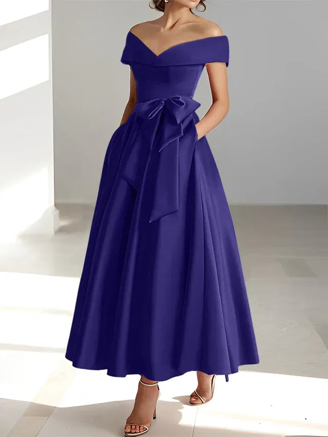 A-Line Off-the-Shoulder Sleeveless Ankle-Length Mother of the Bride Dress with Pockets