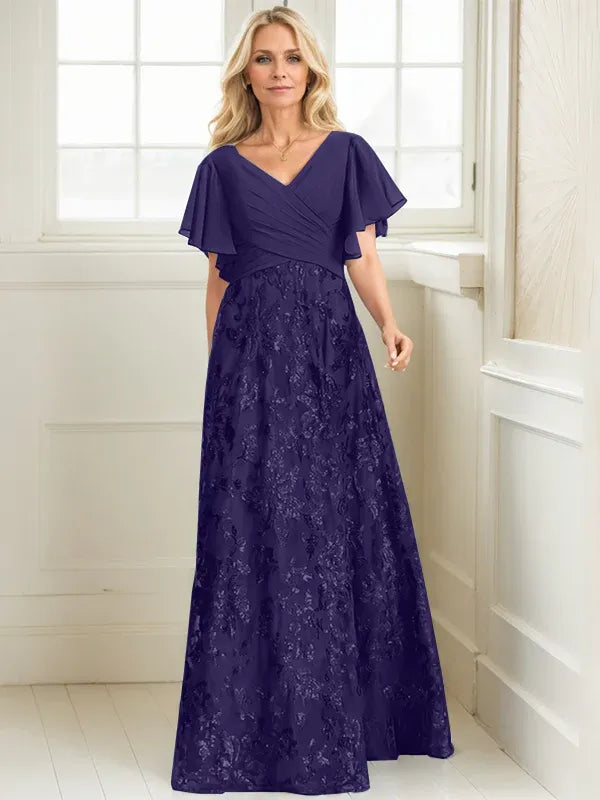A-Line V-Neck Floor-Length Lace and Sequin Chiffon Mother of the Bride Dress with Pleats