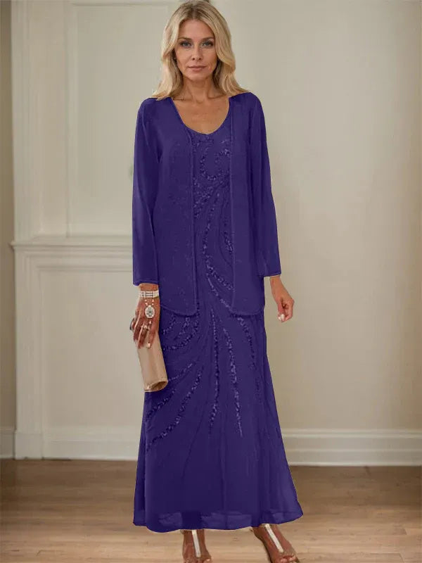 V-Neck Sheath/Mother of the Bride Ankle-Length Dress with Jacket & Sequins