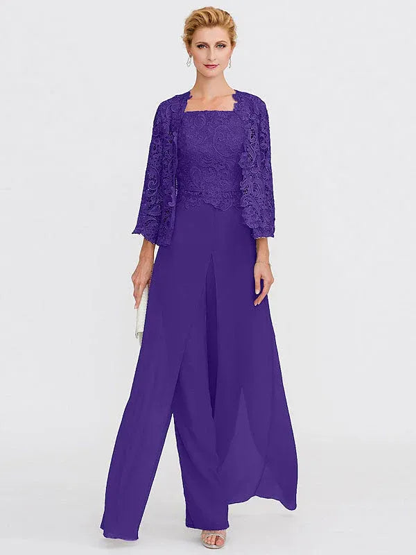 3-Piece Chiffon Square Neck Mother of the Bride Pantsuit Set with Jacket