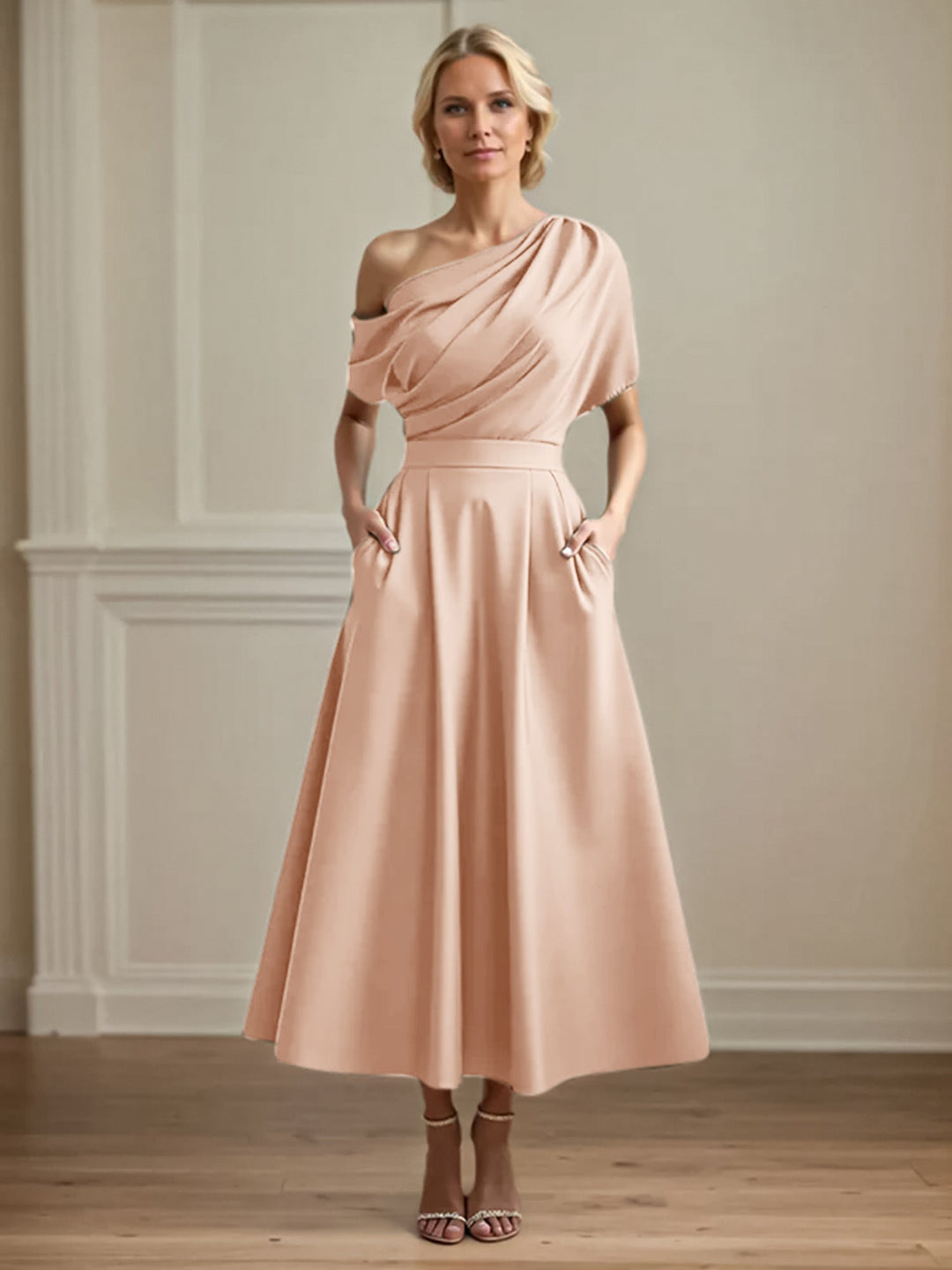 One-Shoulder Satin A-Line Pleated Ankle-Length Mother of the Bride Dress
