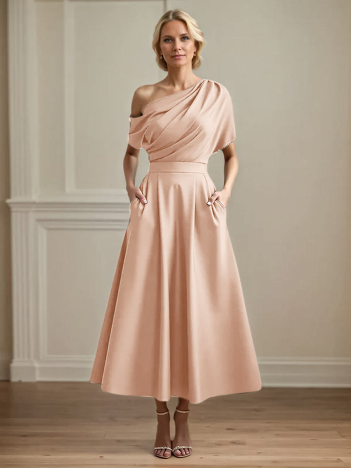 One-Shoulder Satin A-Line Pleated Ankle-Length Mother of the Bride Dress