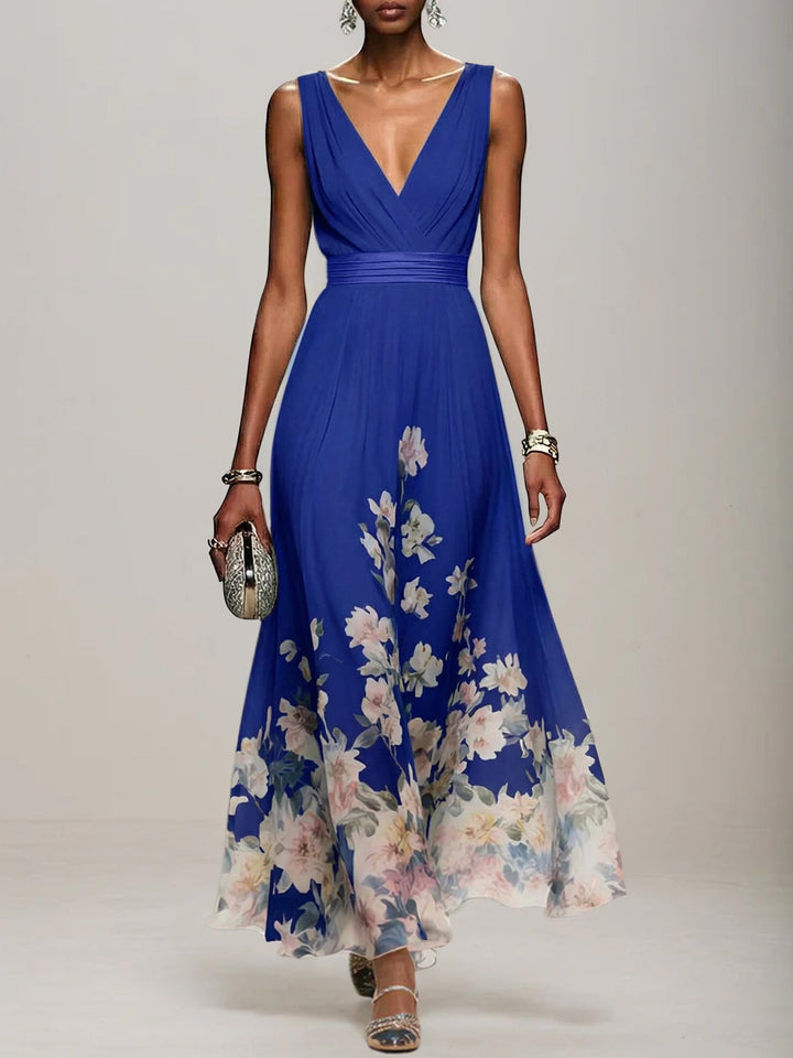 Light Blue Floral Chiffon V-Neck Sleeveless A-Line Maxi Dress