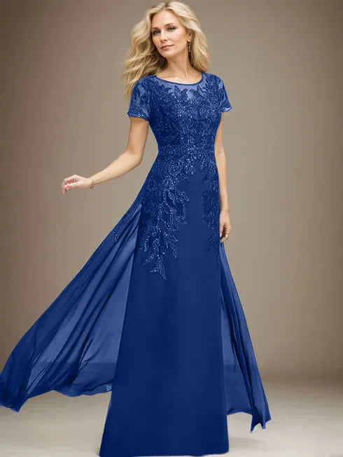 Floor-Length Lace Chiffon Mother of the Bride Dress with Sheath/Column Scoop Illusion and Sequins