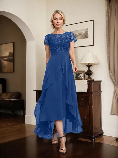 A-Line Scoop Neck Illusion Asymmetrical Chiffon Lace Mother of the Bride Dress with Bow, Ruffle, and Sequins