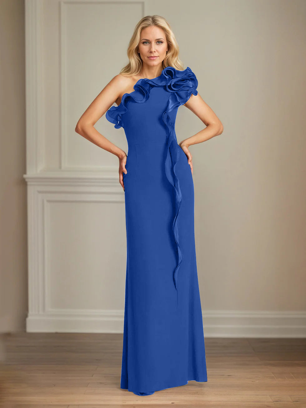 Navy Stretch Crepe One-Shoulder Sheath Dress with Ruffles – Floor-Length Mother of the Bride Gown