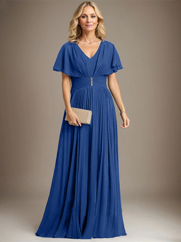 A-Line V-Neck Floor-Length Chiffon Mother of the Bride Dress with Crystal Brooch and Pleated Design