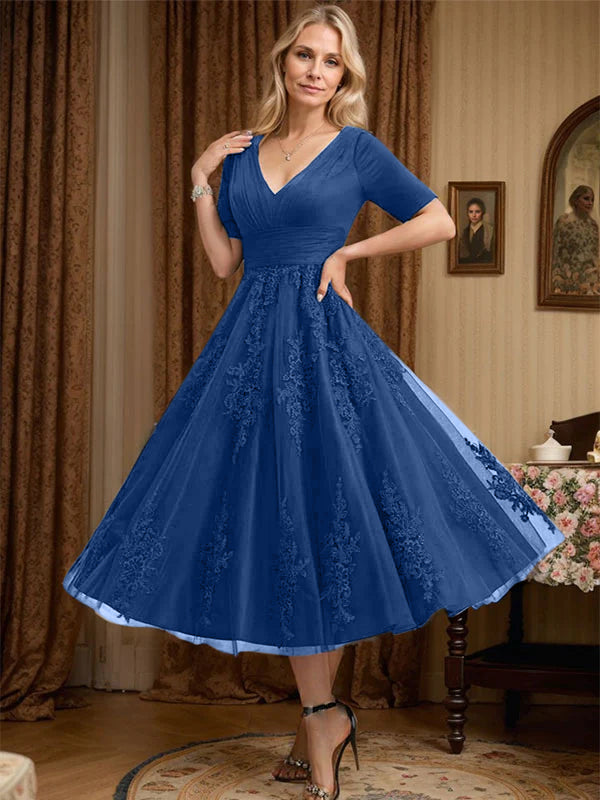 A-Line V-Neck Tea-Length Tulle Lace Mother of the Bride Dress with Pleats