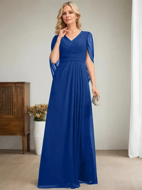 Dark Navy A-Line V-Neck Long Mother of the Bride Dress