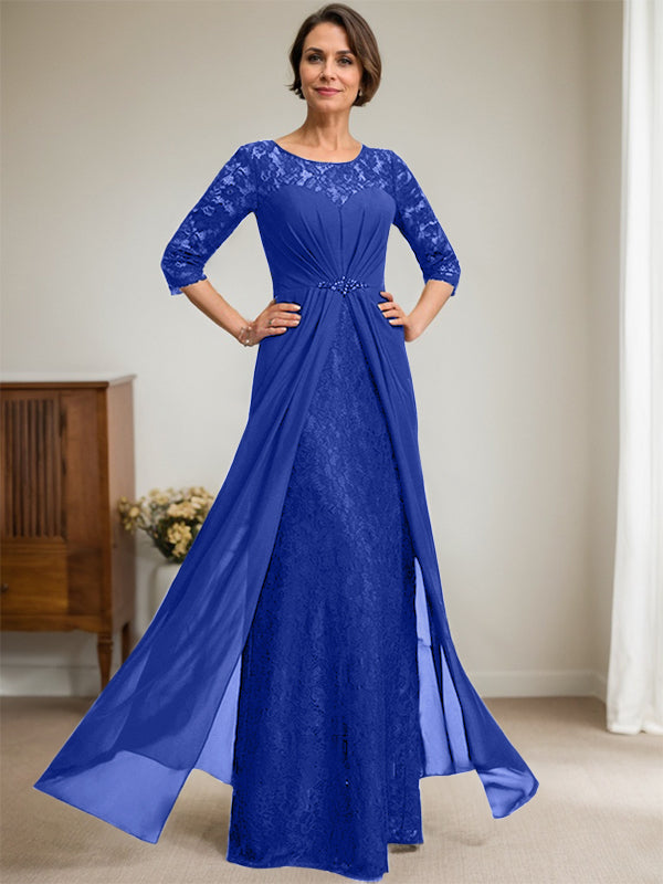 A-Line Scoop Neck Illusion Floor-Length Lace Chiffon Mother of the Bride Dress with Beaded Ruffles