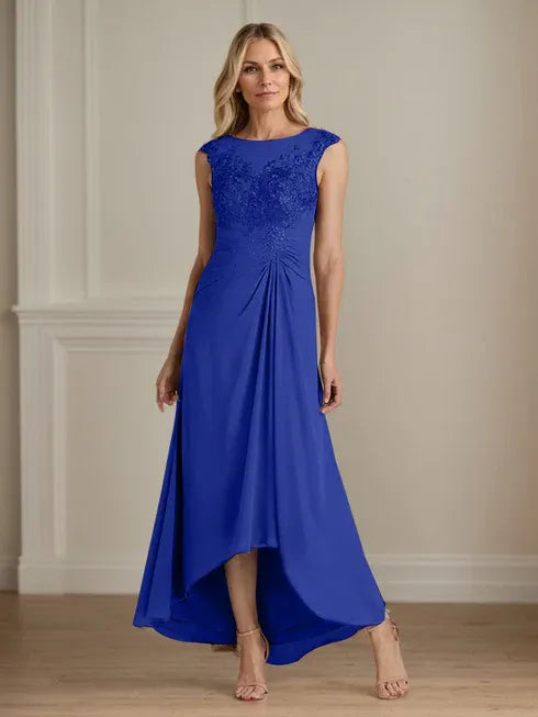 Champagne A-Line Lace and Chiffon Scoop Neck Dress