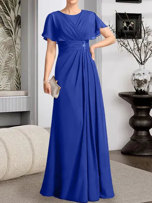 A-Line Scoop Neck Floor-Length Chiffon Mother of the Bride Dress with Pleated Beading