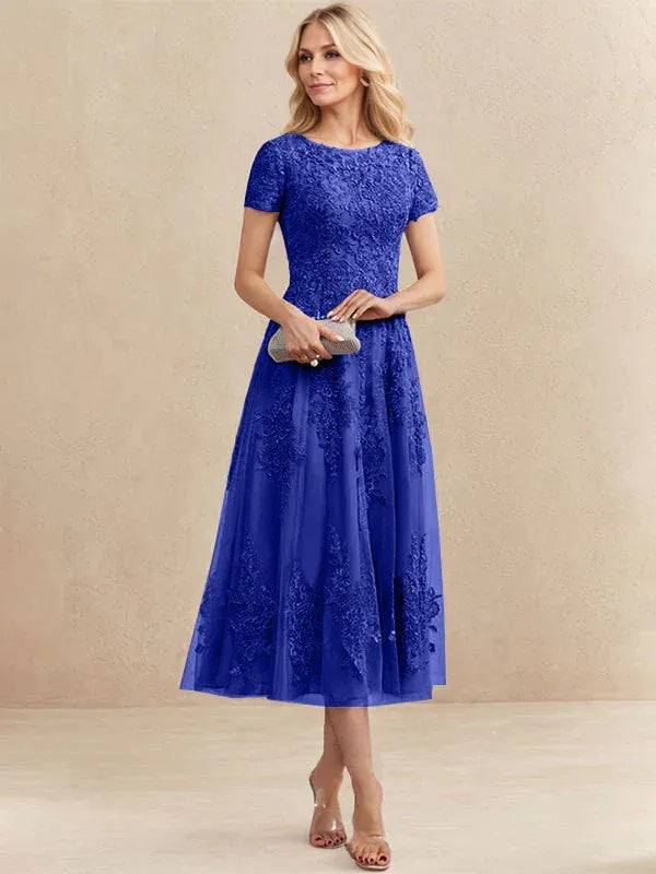 A-Line Scoop Neck Tea-Length Tulle Lace Mother of the Bride Dress