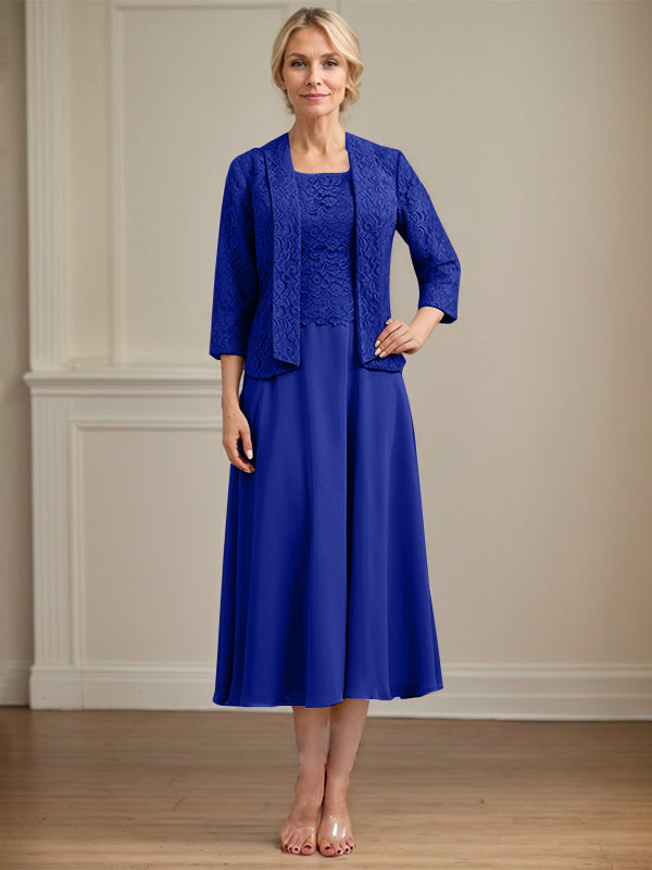 A-Line Scoop Neck Tea-Length Lace Chiffon Mother of the Bride Dress