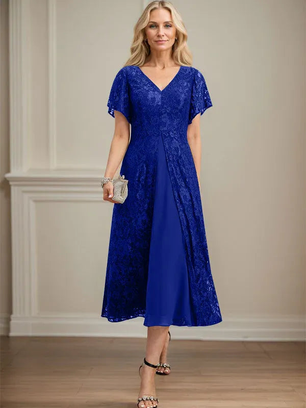 A-Line V-Neck Tea-Length Lace Chiffon Mother of the Bride Dress