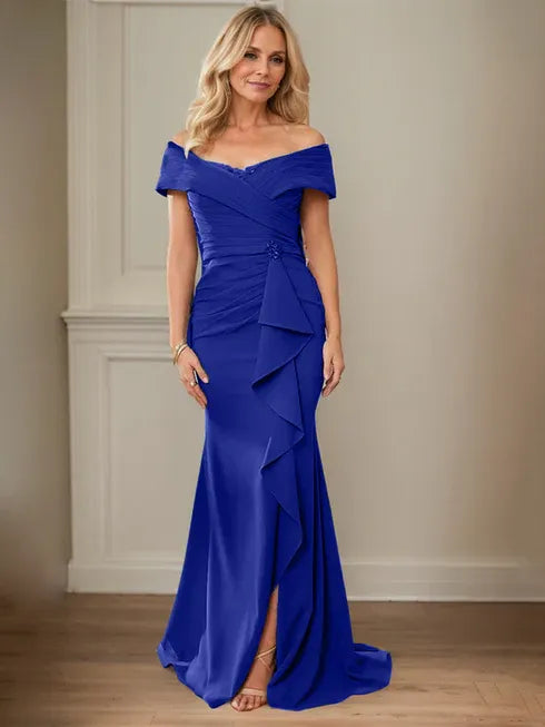 Floor-Length Lace and Chiffon Mother of the Bride Dress with Sheath/Column V-Neck Illusion and Pleated Sequins